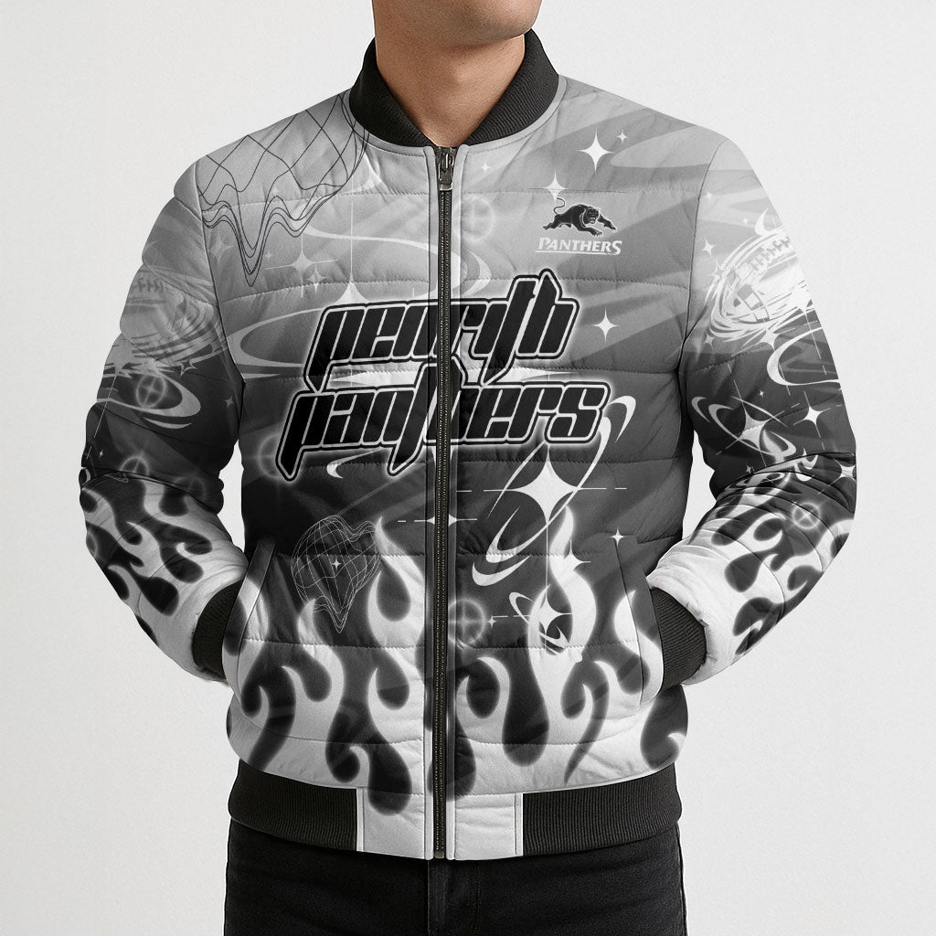 Personalized Penrith Panthers Bomber Puffer Jacket Y2K Grunge Aesthetic With Cyber Flames and Starburst Graphics