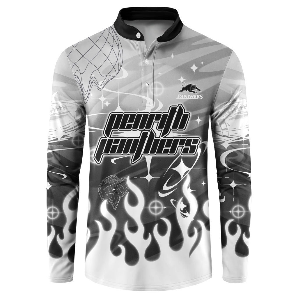 Personalized Penrith Panthers Button Sweatshirt Y2K Grunge Aesthetic With Cyber Flames and Starburst Graphics