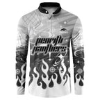Personalized Penrith Panthers Button Sweatshirt Y2K Grunge Aesthetic With Cyber Flames and Starburst Graphics