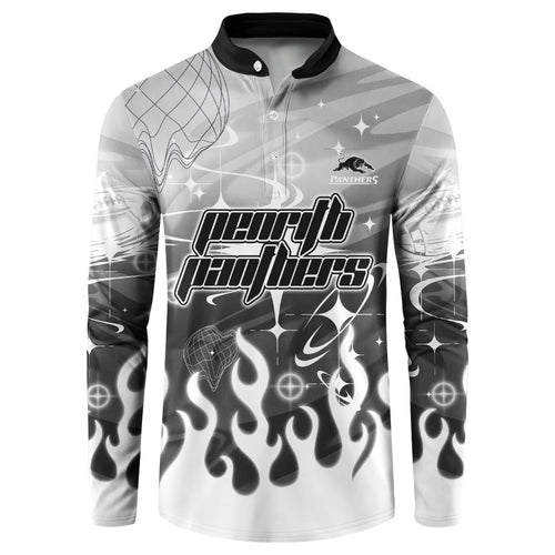 Personalized Penrith Panthers Button Sweatshirt Y2K Grunge Aesthetic With Cyber Flames and Starburst Graphics