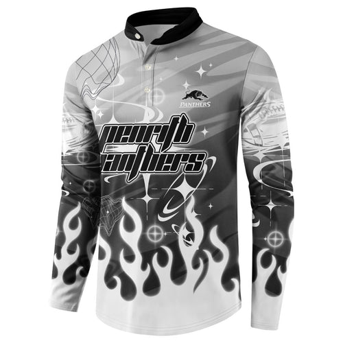 Personalized Penrith Panthers Button Sweatshirt Y2K Grunge Aesthetic With Cyber Flames and Starburst Graphics