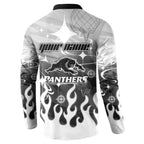 Personalized Penrith Panthers Button Sweatshirt Y2K Grunge Aesthetic With Cyber Flames and Starburst Graphics