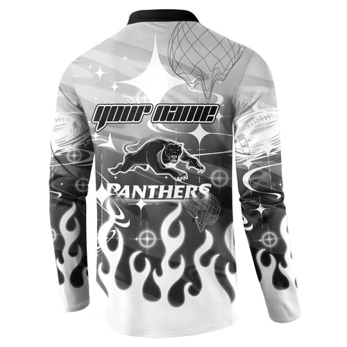 Personalized Penrith Panthers Button Sweatshirt Y2K Grunge Aesthetic With Cyber Flames and Starburst Graphics