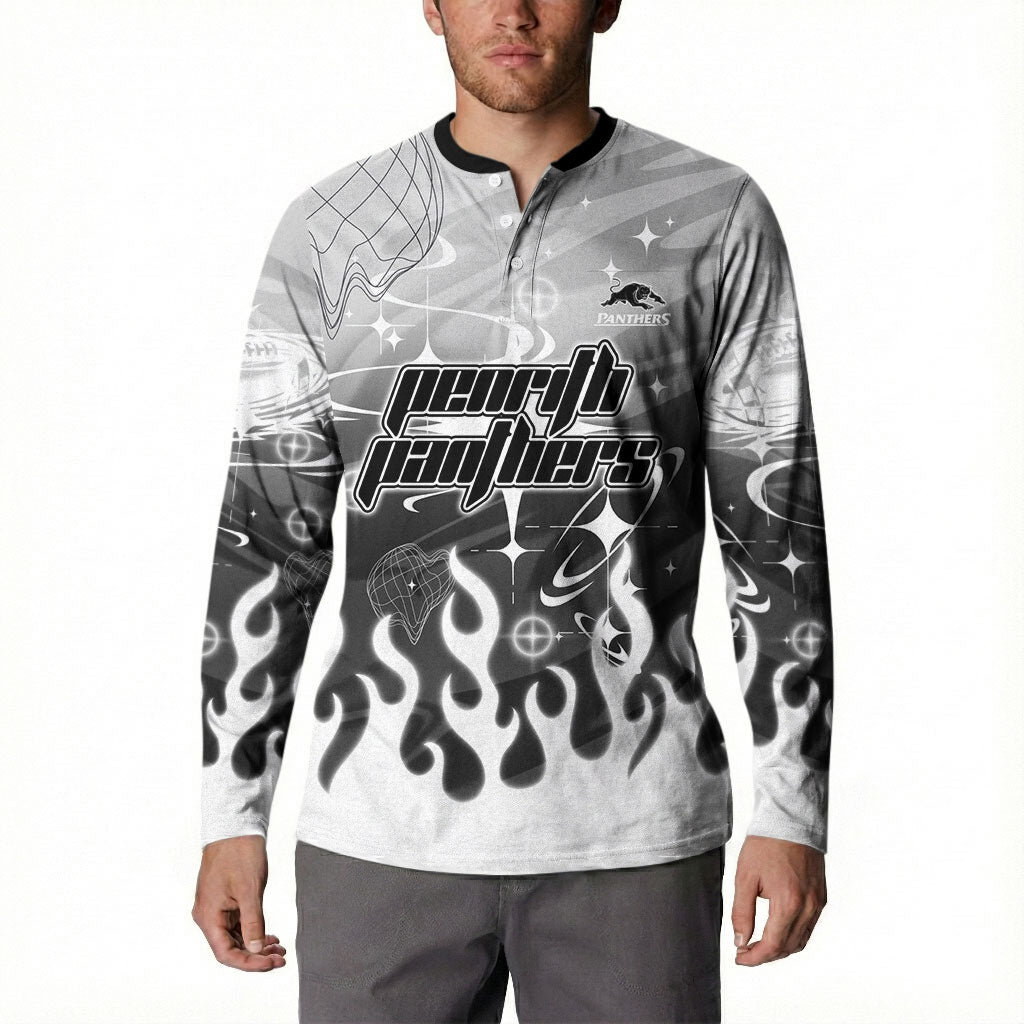 Personalized Penrith Panthers Button Sweatshirt Y2K Grunge Aesthetic With Cyber Flames and Starburst Graphics
