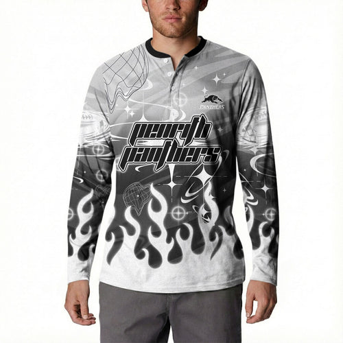 Personalized Penrith Panthers Button Sweatshirt Y2K Grunge Aesthetic With Cyber Flames and Starburst Graphics