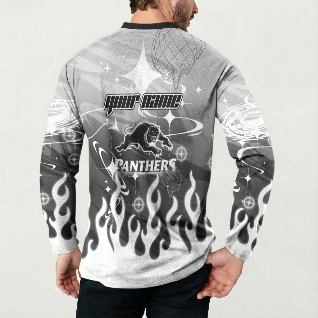 Personalized Penrith Panthers Button Sweatshirt Y2K Grunge Aesthetic With Cyber Flames and Starburst Graphics