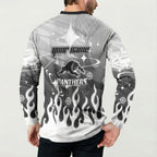 Personalized Penrith Panthers Button Sweatshirt Y2K Grunge Aesthetic With Cyber Flames and Starburst Graphics