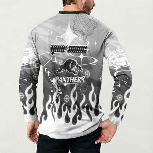 Personalized Penrith Panthers Button Sweatshirt Y2K Grunge Aesthetic With Cyber Flames and Starburst Graphics