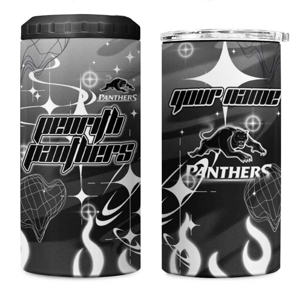 Personalized Penrith Panthers 4 in 1 Can Cooler Tumbler Y2K Grunge Aesthetic With Cyber Flames and Starburst Graphics