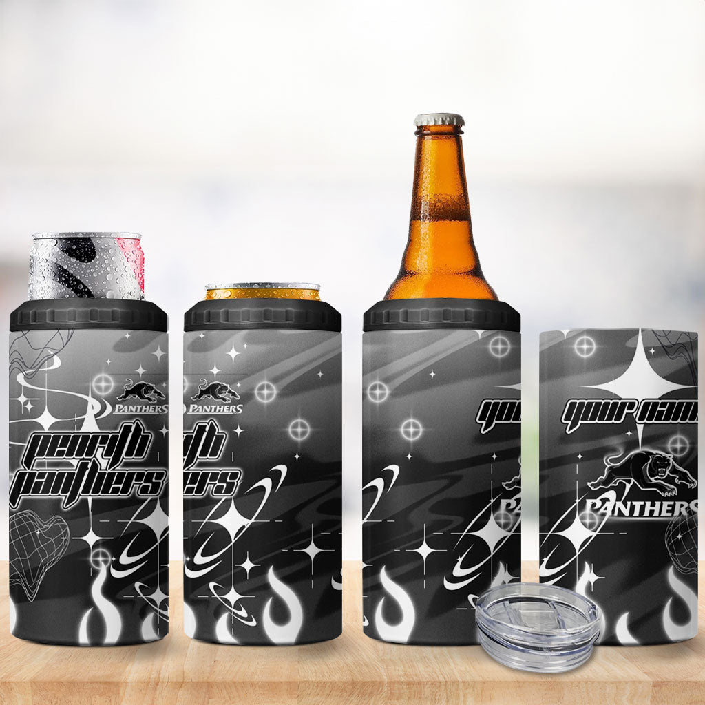 Personalized Penrith Panthers 4 in 1 Can Cooler Tumbler Y2K Grunge Aesthetic With Cyber Flames and Starburst Graphics