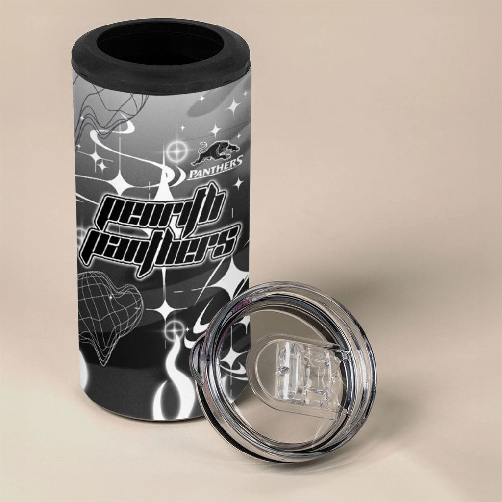 Personalized Penrith Panthers 4 in 1 Can Cooler Tumbler Y2K Grunge Aesthetic With Cyber Flames and Starburst Graphics