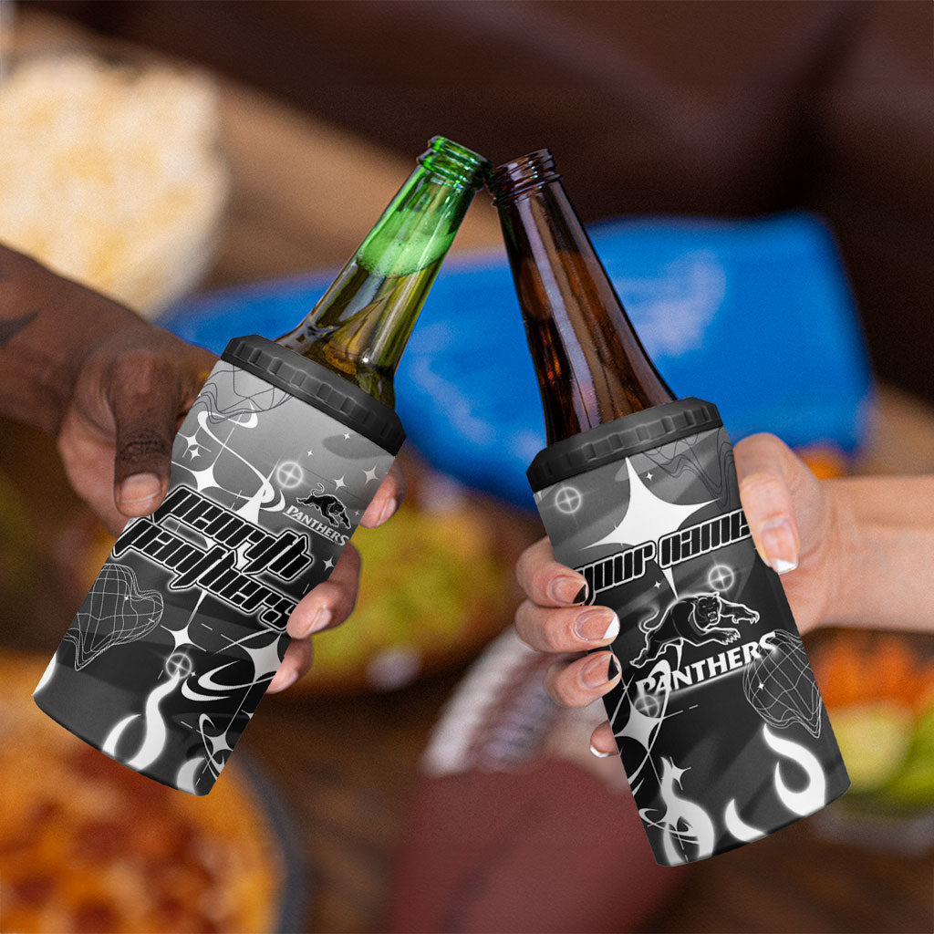 Personalized Penrith Panthers 4 in 1 Can Cooler Tumbler Y2K Grunge Aesthetic With Cyber Flames and Starburst Graphics