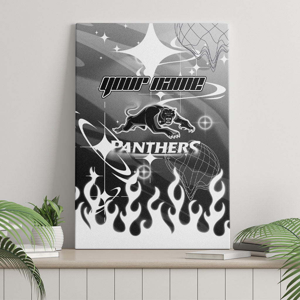 Personalized Penrith Panthers Canvas Wall Art Y2K Grunge Aesthetic With Cyber Flames and Starburst Graphics
