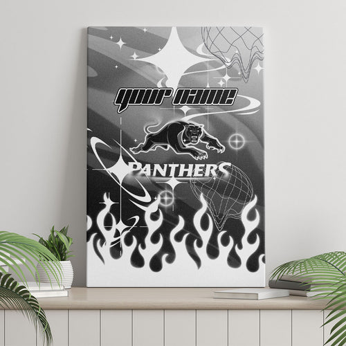 Personalized Penrith Panthers Canvas Wall Art Y2K Grunge Aesthetic With Cyber Flames and Starburst Graphics