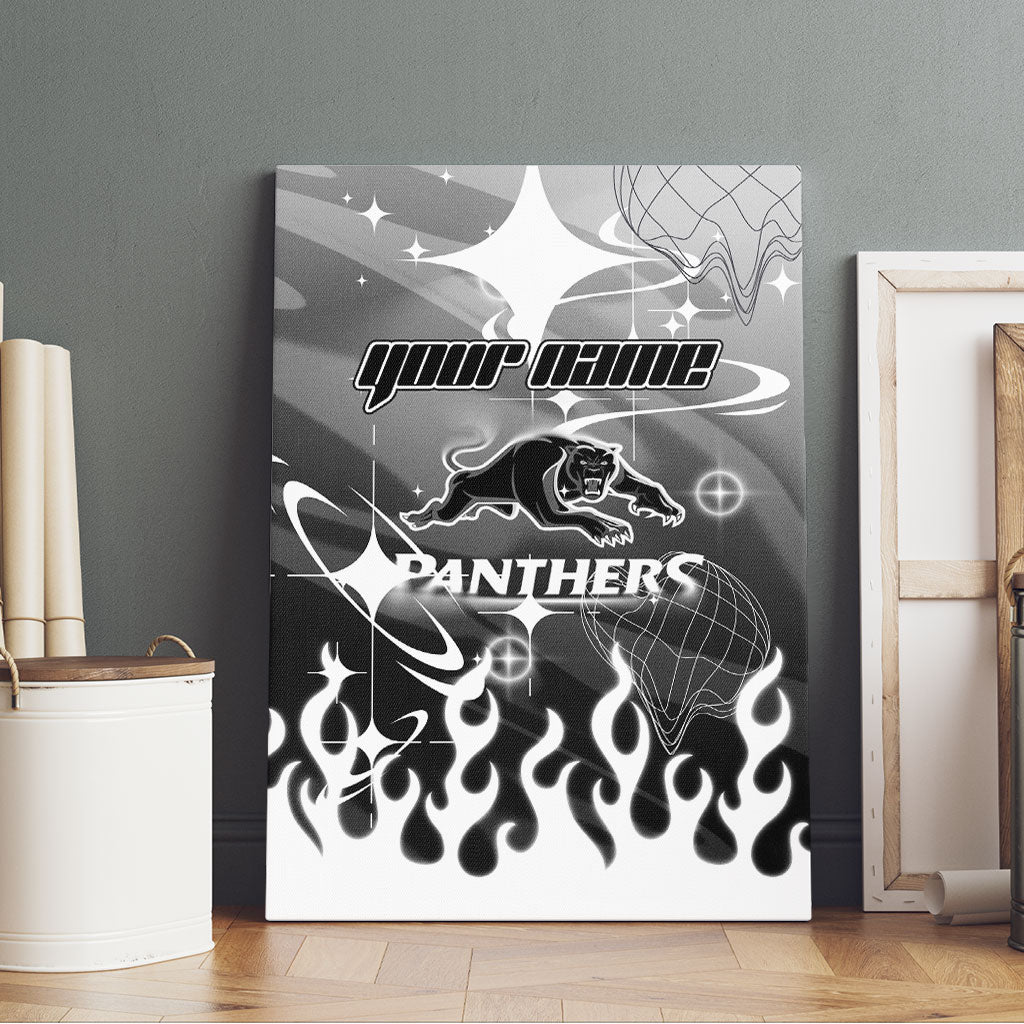Personalized Penrith Panthers Canvas Wall Art Y2K Grunge Aesthetic With Cyber Flames and Starburst Graphics