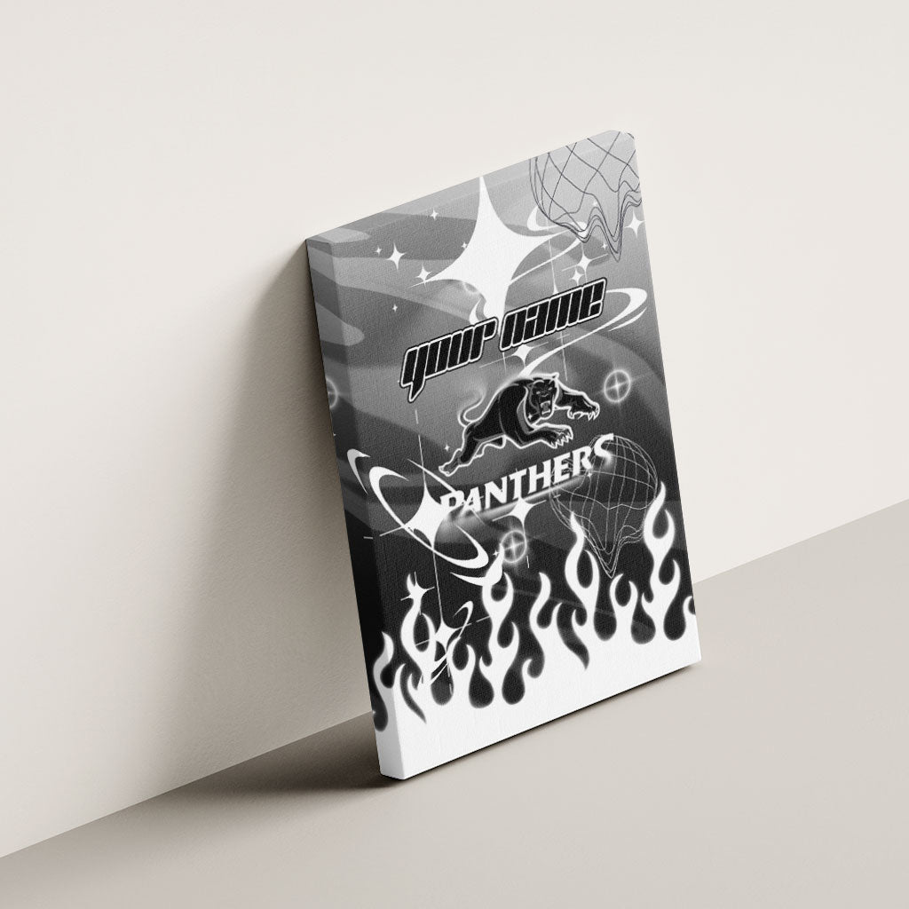 Personalized Penrith Panthers Canvas Wall Art Y2K Grunge Aesthetic With Cyber Flames and Starburst Graphics