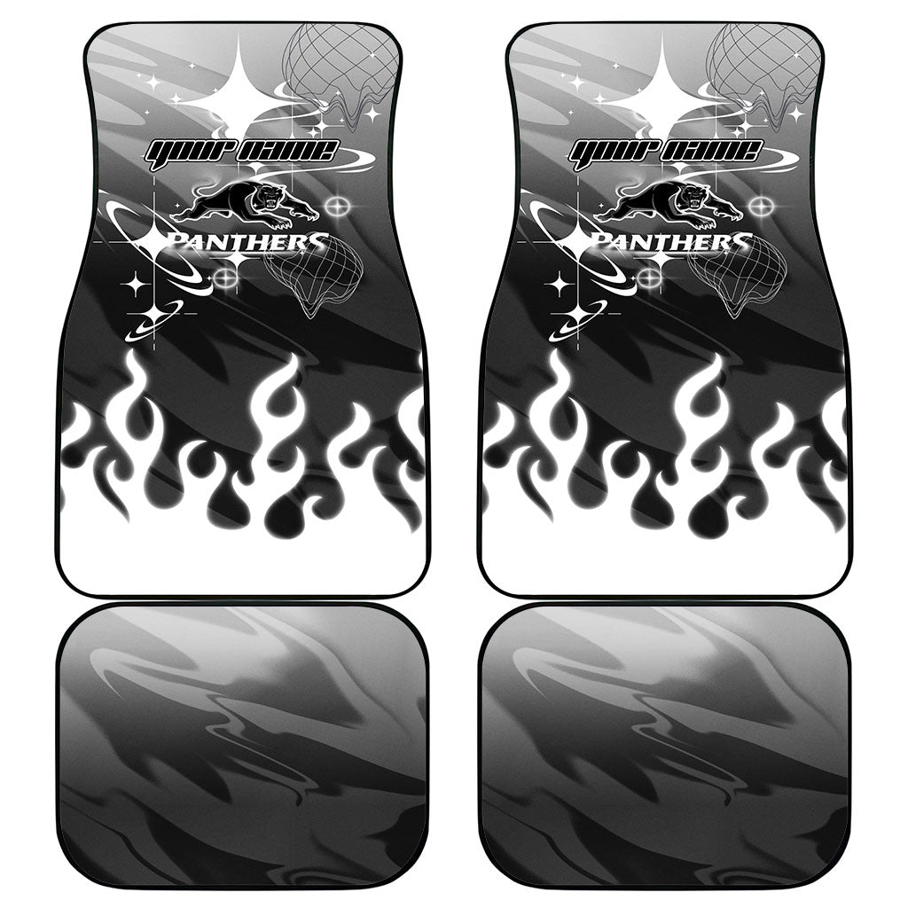 Personalized Penrith Panthers Car Mats Y2K Grunge Aesthetic With Cyber Flames and Starburst Graphics