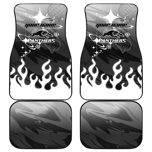 Personalized Penrith Panthers Car Mats Y2K Grunge Aesthetic With Cyber Flames and Starburst Graphics