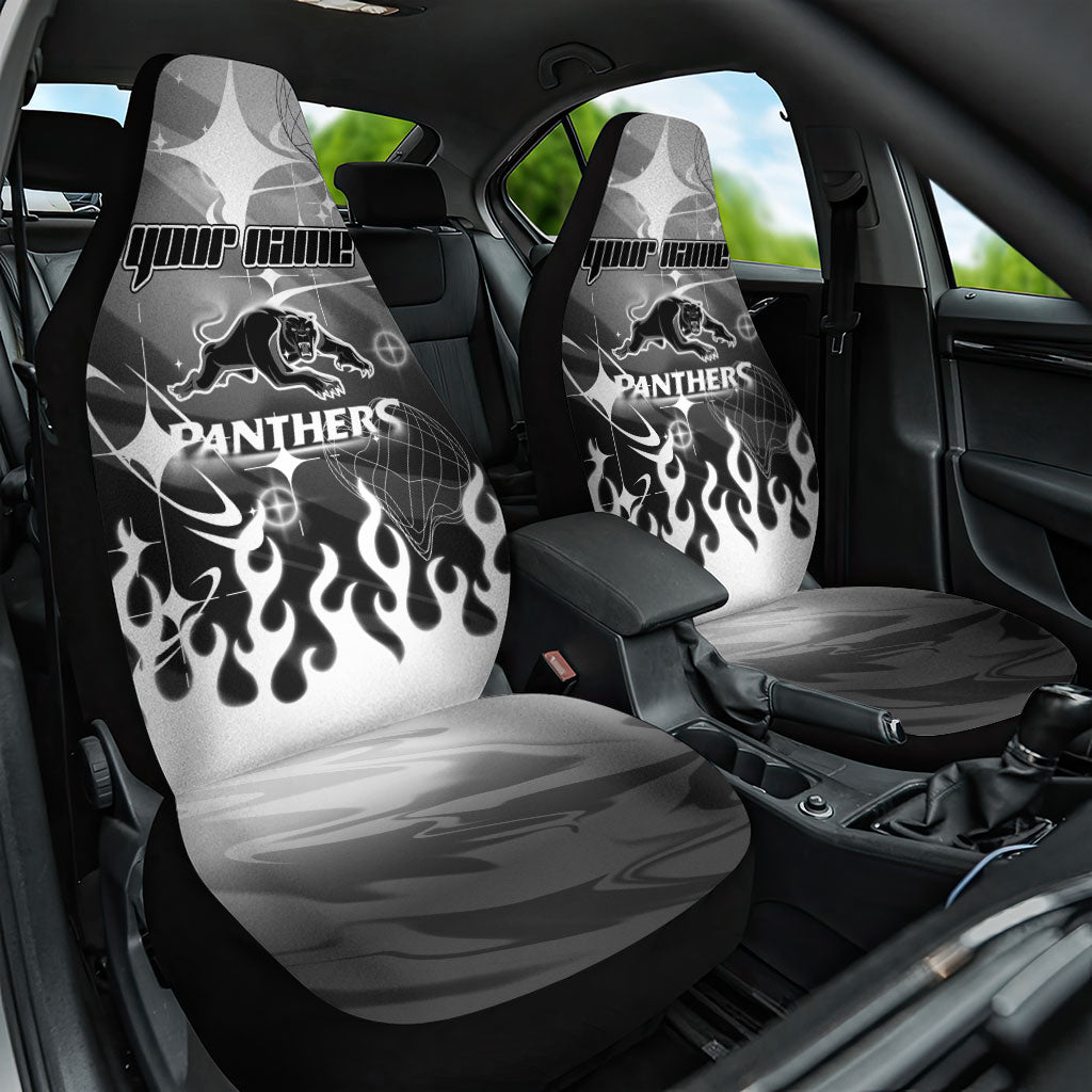 Personalized Penrith Panthers Car Seat Cover Y2K Grunge Aesthetic With Cyber Flames and Starburst Graphics