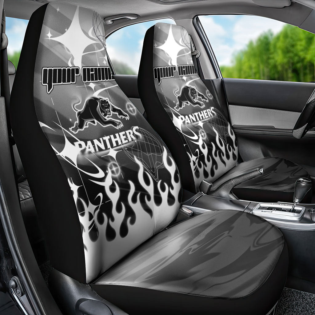 Personalized Penrith Panthers Car Seat Cover Y2K Grunge Aesthetic With Cyber Flames and Starburst Graphics