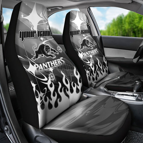 Personalized Penrith Panthers Car Seat Cover Y2K Grunge Aesthetic With Cyber Flames and Starburst Graphics
