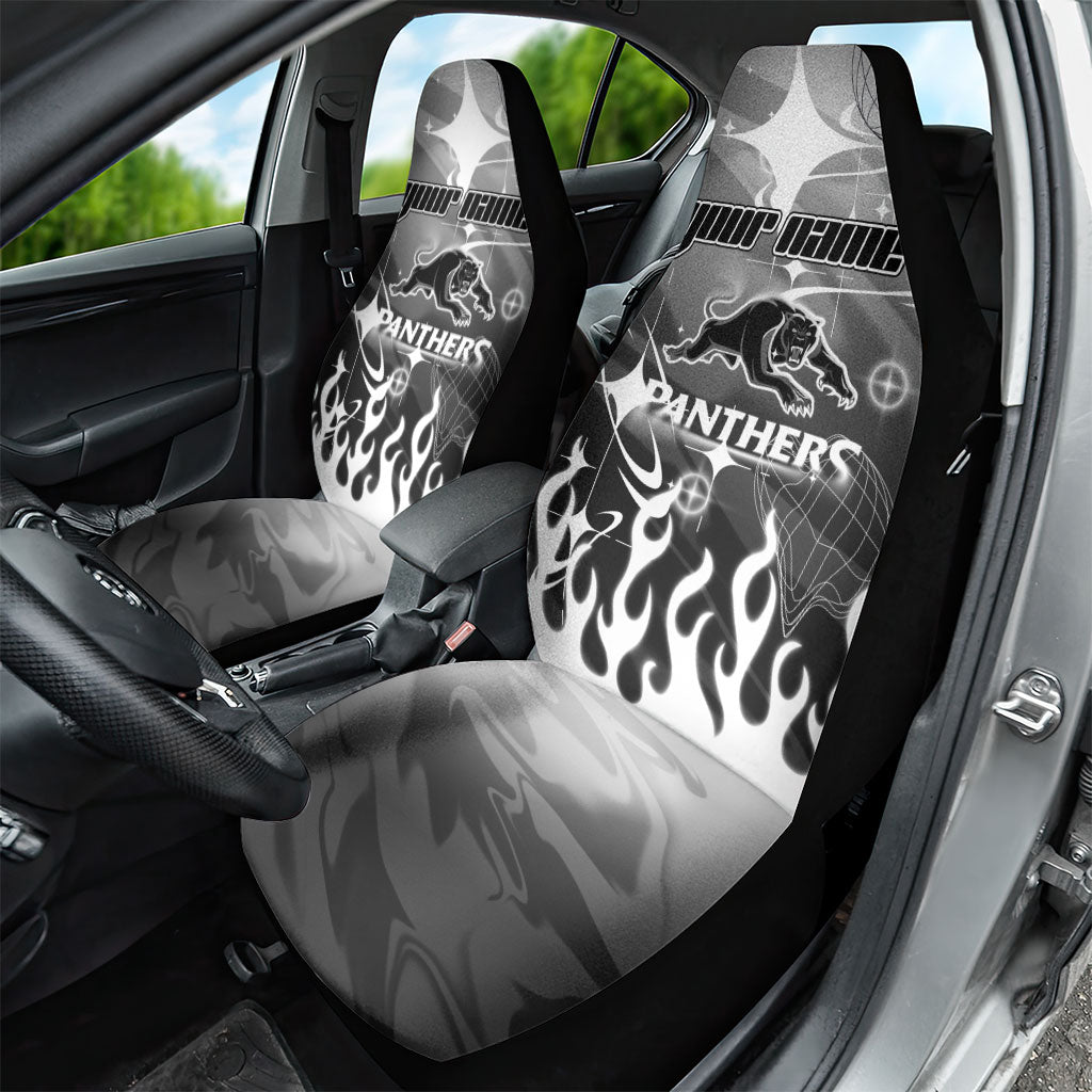 Personalized Penrith Panthers Car Seat Cover Y2K Grunge Aesthetic With Cyber Flames and Starburst Graphics