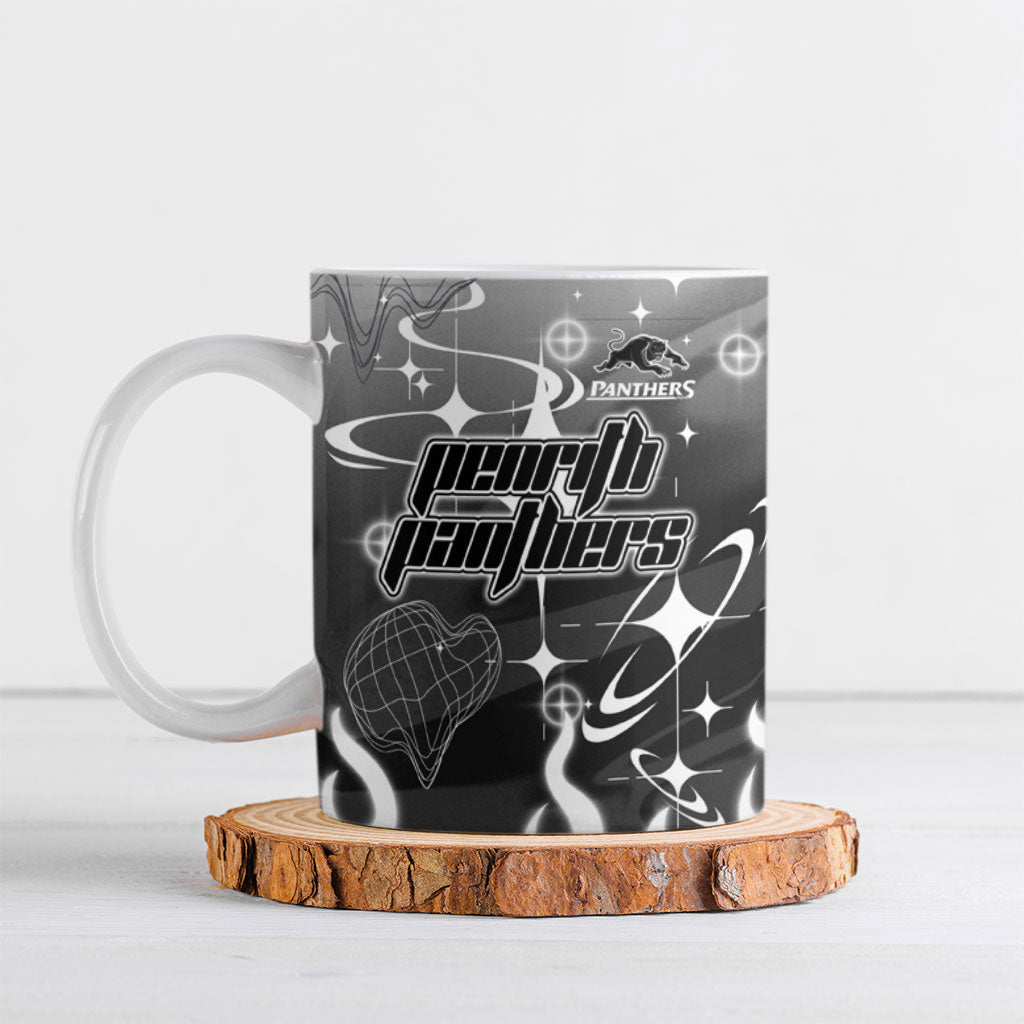 Personalized Penrith Panthers Ceramic Mug Y2K Grunge Aesthetic With Cyber Flames and Starburst Graphics