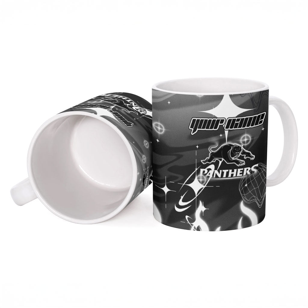 Personalized Penrith Panthers Ceramic Mug Y2K Grunge Aesthetic With Cyber Flames and Starburst Graphics