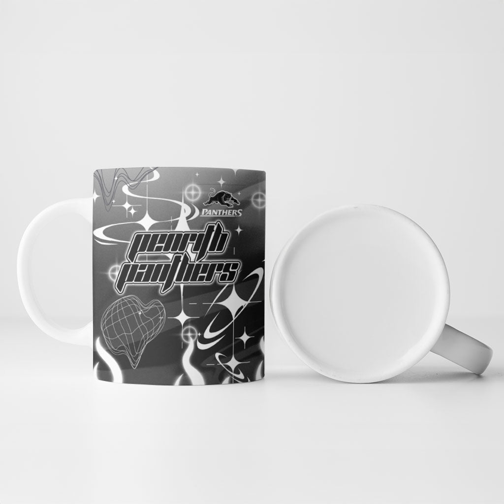 Personalized Penrith Panthers Ceramic Mug Y2K Grunge Aesthetic With Cyber Flames and Starburst Graphics