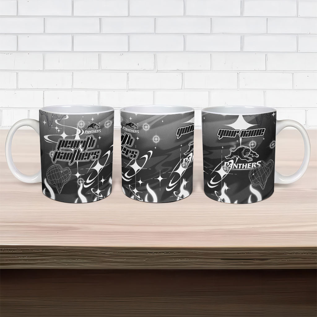 Personalized Penrith Panthers Ceramic Mug Y2K Grunge Aesthetic With Cyber Flames and Starburst Graphics