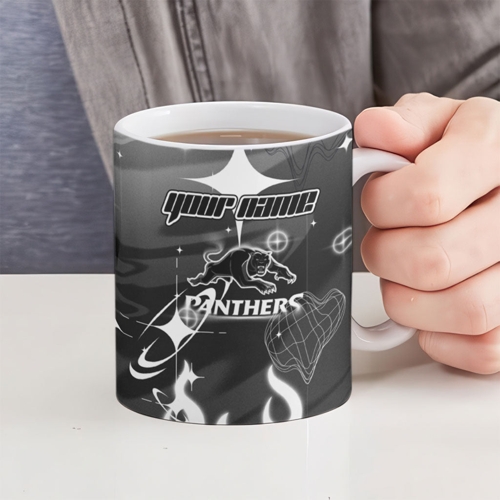Personalized Penrith Panthers Ceramic Mug Y2K Grunge Aesthetic With Cyber Flames and Starburst Graphics