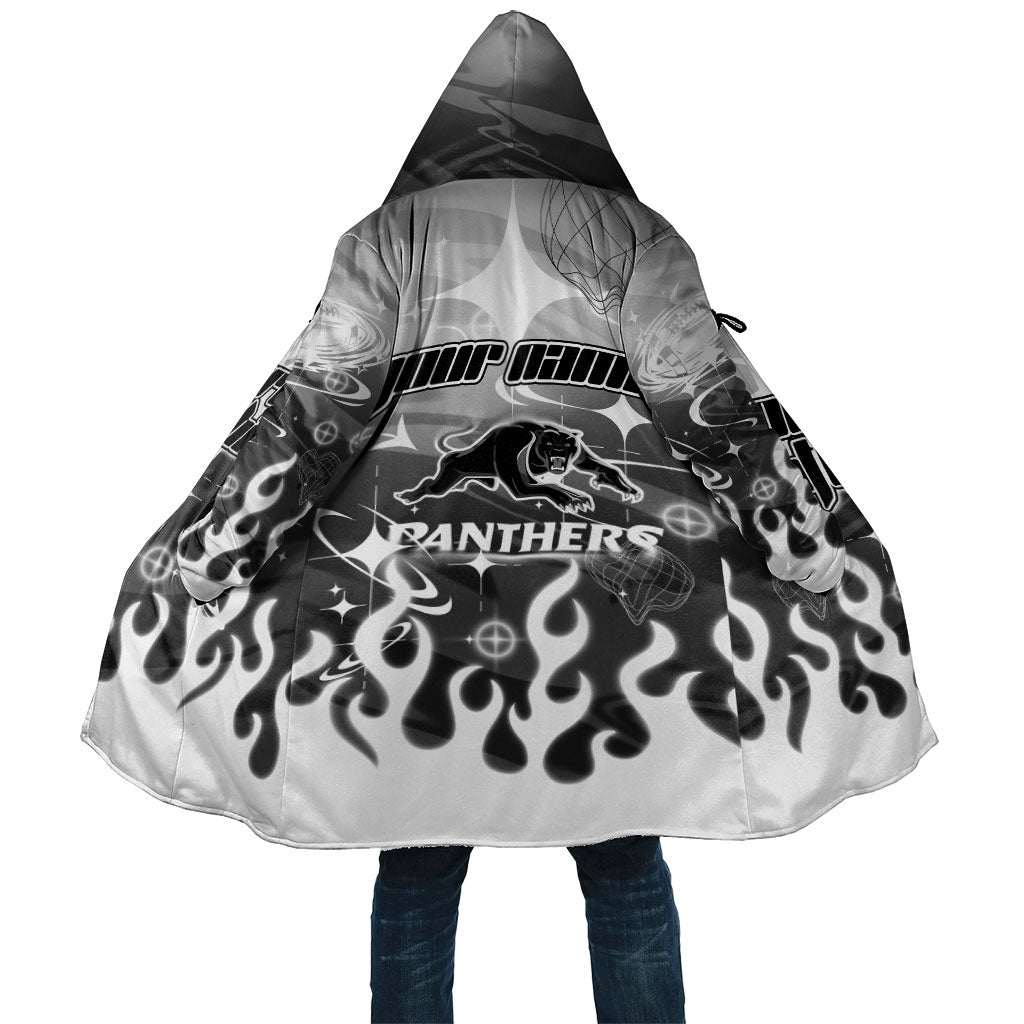 Personalized Penrith Panthers Cloak Y2K Grunge Aesthetic With Cyber Flames and Starburst Graphics