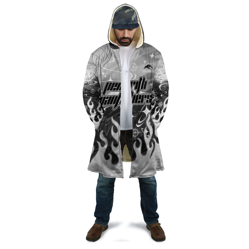Personalized Penrith Panthers Cloak Y2K Grunge Aesthetic With Cyber Flames and Starburst Graphics
