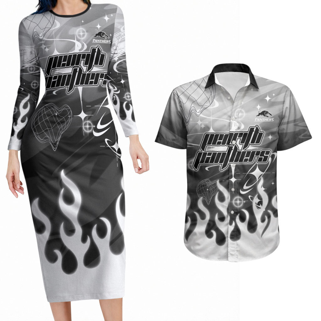 Personalized Penrith Panthers Couples Matching Long Sleeve Bodycon Dress and Hawaiian Shirt Y2K Grunge Aesthetic With Cyber Flames and Starburst Graphics