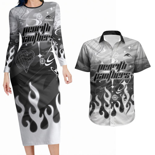 Personalized Penrith Panthers Couples Matching Long Sleeve Bodycon Dress and Hawaiian Shirt Y2K Grunge Aesthetic With Cyber Flames and Starburst Graphics