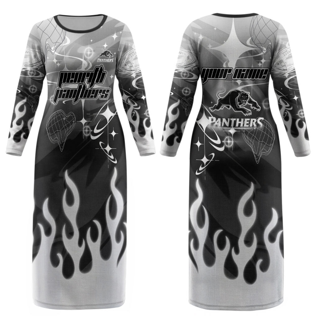Personalized Penrith Panthers Couples Matching Long Sleeve Bodycon Dress and Hawaiian Shirt Y2K Grunge Aesthetic With Cyber Flames and Starburst Graphics