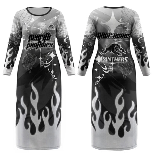 Personalized Penrith Panthers Couples Matching Long Sleeve Bodycon Dress and Hawaiian Shirt Y2K Grunge Aesthetic With Cyber Flames and Starburst Graphics