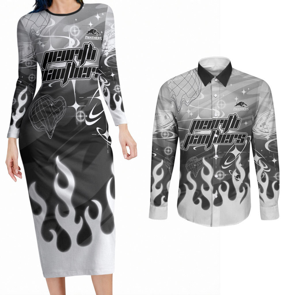 Personalized Penrith Panthers Couples Matching Long Sleeve Bodycon Dress and Long Sleeve Button Shirt Y2K Grunge Aesthetic With Cyber Flames and Starburst Graphics