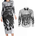Personalized Penrith Panthers Couples Matching Long Sleeve Bodycon Dress and Long Sleeve Button Shirt Y2K Grunge Aesthetic With Cyber Flames and Starburst Graphics