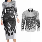 Personalized Penrith Panthers Couples Matching Long Sleeve Bodycon Dress and Long Sleeve Button Shirt Y2K Grunge Aesthetic With Cyber Flames and Starburst Graphics