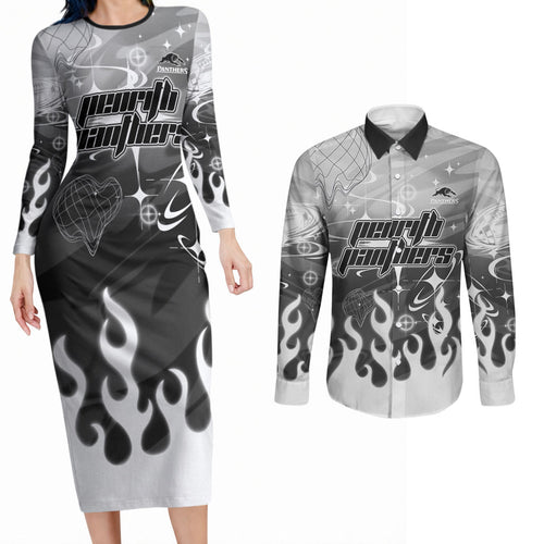 Personalized Penrith Panthers Couples Matching Long Sleeve Bodycon Dress and Long Sleeve Button Shirt Y2K Grunge Aesthetic With Cyber Flames and Starburst Graphics