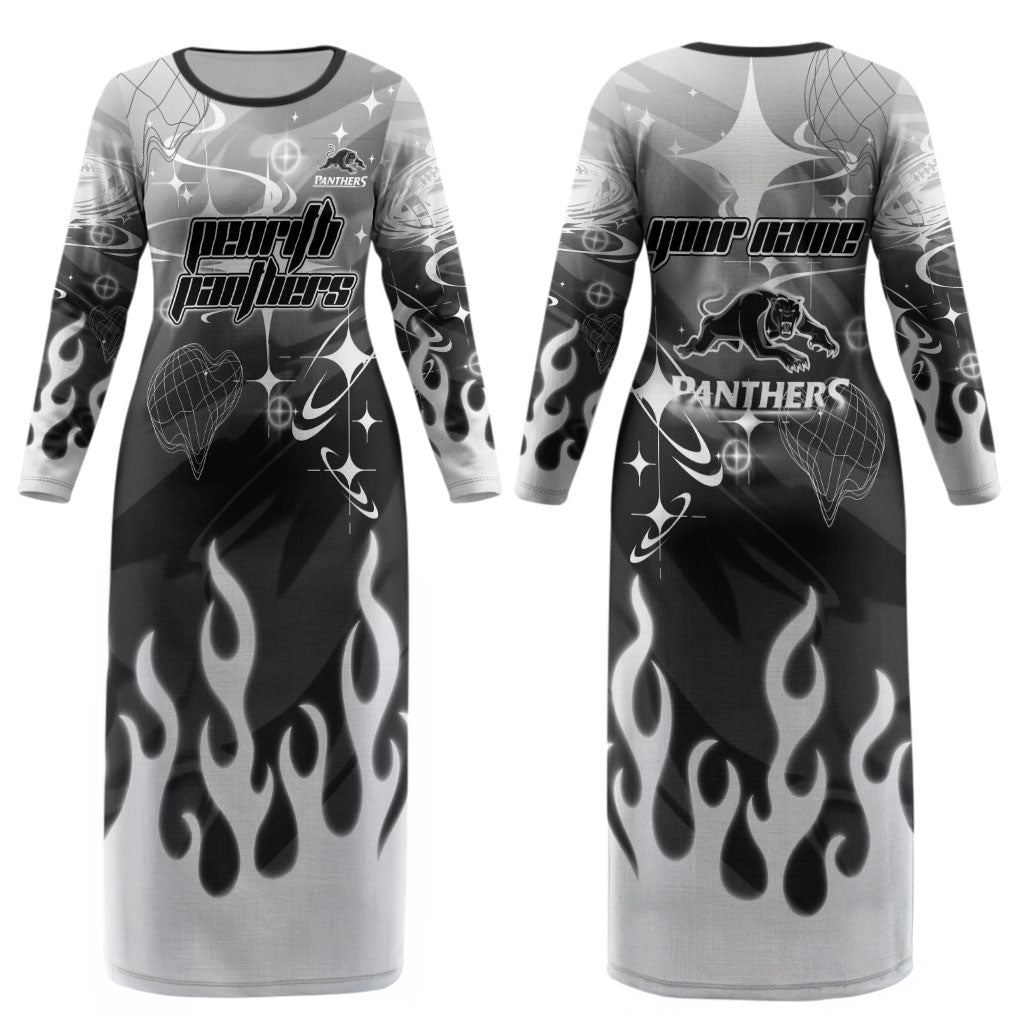 Personalized Penrith Panthers Couples Matching Long Sleeve Bodycon Dress and Long Sleeve Button Shirt Y2K Grunge Aesthetic With Cyber Flames and Starburst Graphics