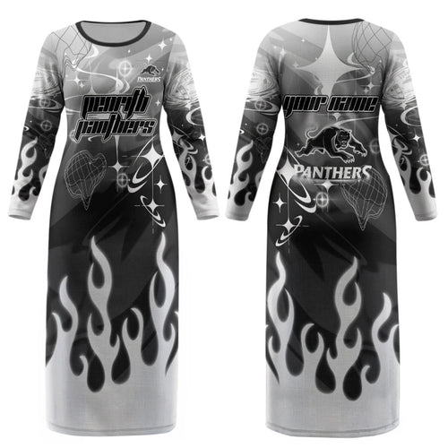 Personalized Penrith Panthers Couples Matching Long Sleeve Bodycon Dress and Long Sleeve Button Shirt Y2K Grunge Aesthetic With Cyber Flames and Starburst Graphics