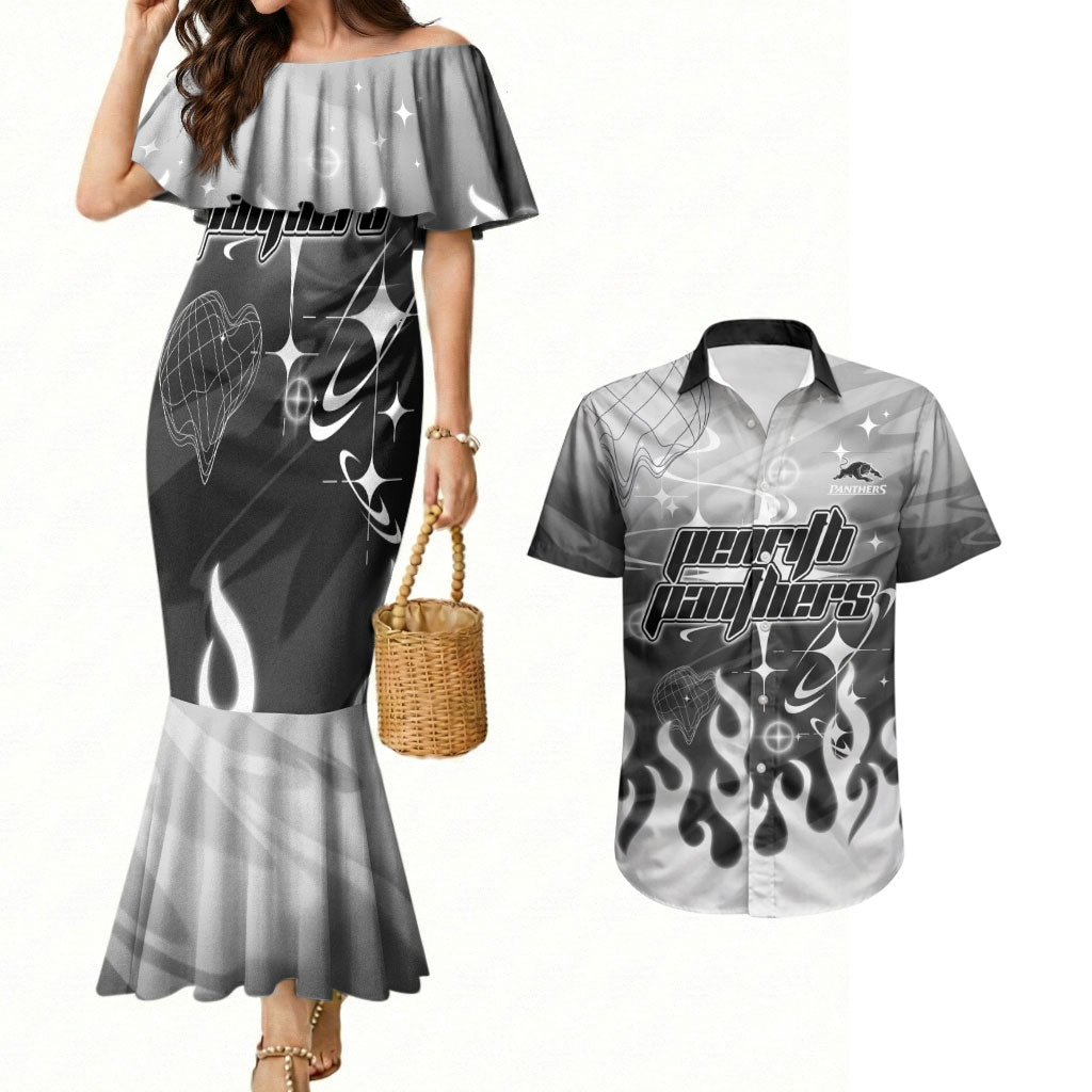 Personalized Penrith Panthers Couples Matching Mermaid Dress and Hawaiian Shirt Y2K Grunge Aesthetic With Cyber Flames and Starburst Graphics