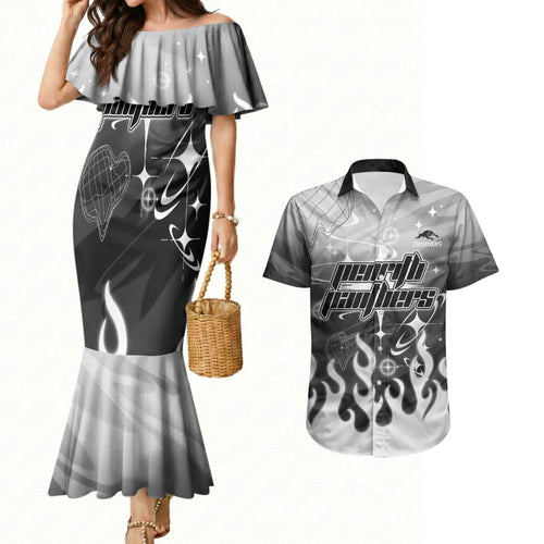 Personalized Penrith Panthers Couples Matching Mermaid Dress and Hawaiian Shirt Y2K Grunge Aesthetic With Cyber Flames and Starburst Graphics