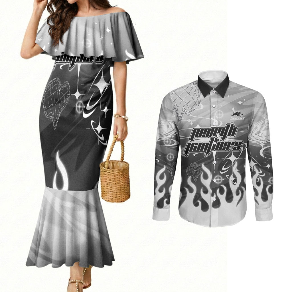 Personalized Penrith Panthers Couples Matching Mermaid Dress and Long Sleeve Button Shirt Y2K Grunge Aesthetic With Cyber Flames and Starburst Graphics