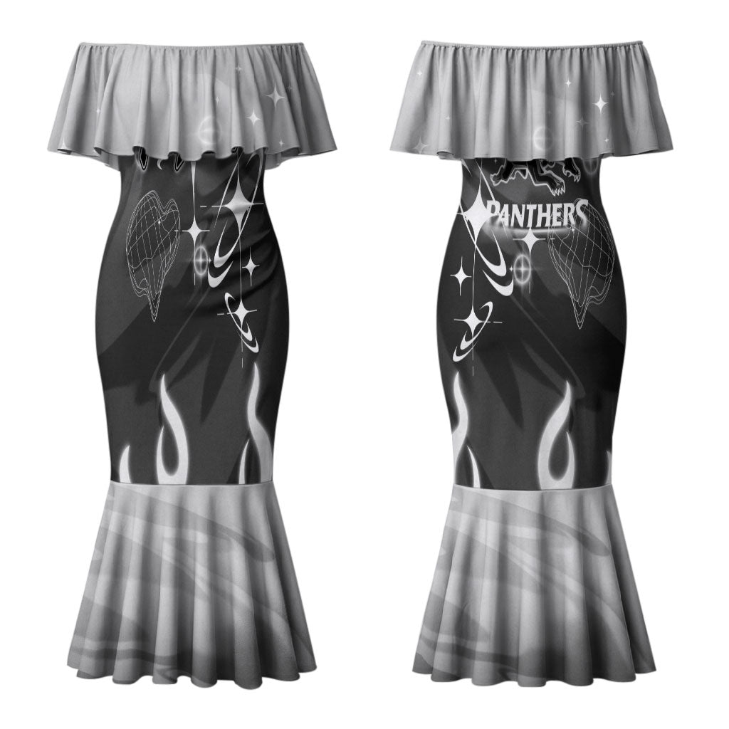 Personalized Penrith Panthers Couples Matching Mermaid Dress and Long Sleeve Button Shirt Y2K Grunge Aesthetic With Cyber Flames and Starburst Graphics