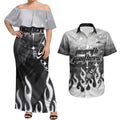 Personalized Penrith Panthers Couples Matching Off Shoulder Maxi Dress and Hawaiian Shirt Y2K Grunge Aesthetic With Cyber Flames and Starburst Graphics