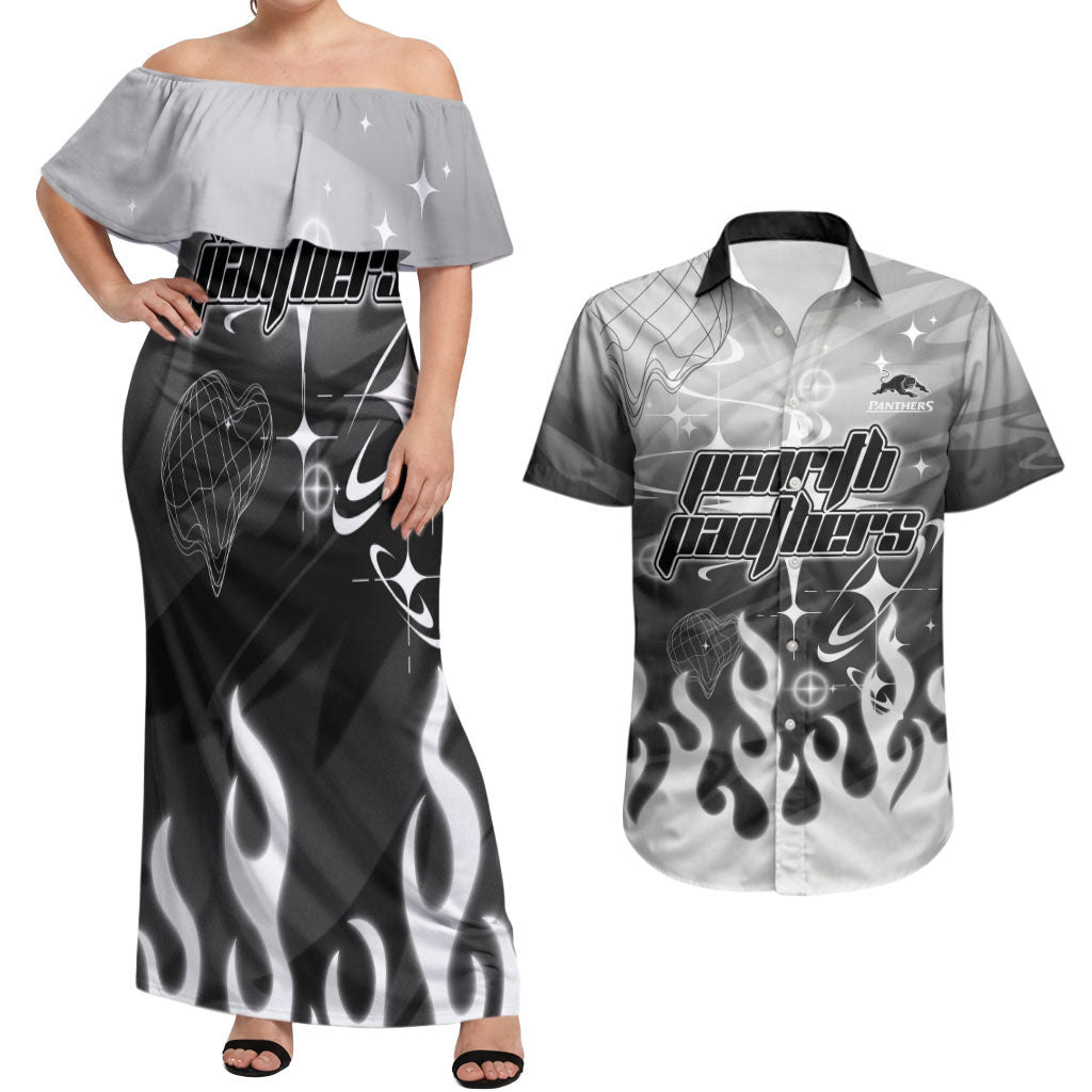 Personalized Penrith Panthers Couples Matching Off Shoulder Maxi Dress and Hawaiian Shirt Y2K Grunge Aesthetic With Cyber Flames and Starburst Graphics