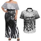 Personalized Penrith Panthers Couples Matching Off Shoulder Maxi Dress and Hawaiian Shirt Y2K Grunge Aesthetic With Cyber Flames and Starburst Graphics